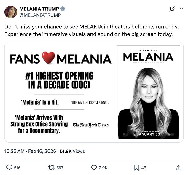 Melania Trump Leverages Presidents' Day to Promote 'Melania' Documentary Ahead of Final Screenings