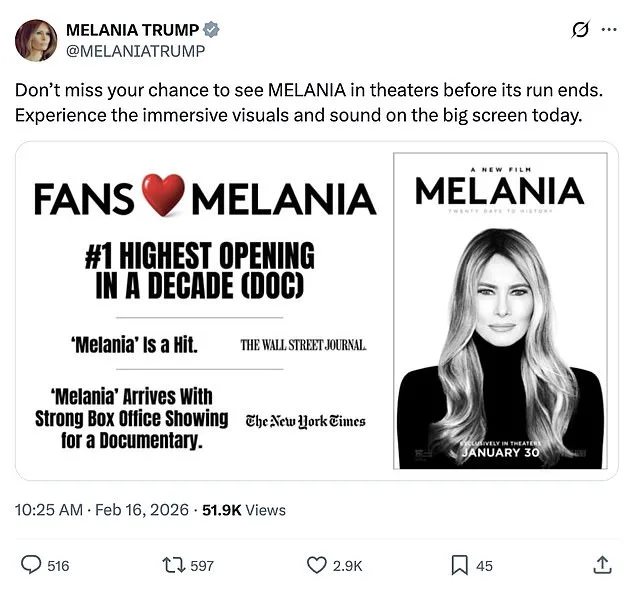 Melania Trump Leverages Presidents' Day to Promote 'Melania' Documentary Ahead of Final Screenings