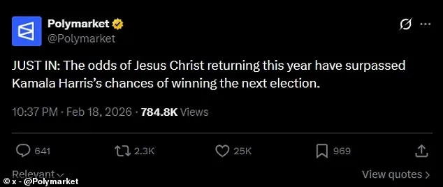 Prediction Market Data Shows Jesus' 2026 Return Odds Match Kamala Harris' 2028 Election Chances