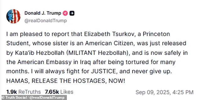 Trump Announces Release of Princeton Student Hostage in Iraq, Calls on Hamas to Free Others