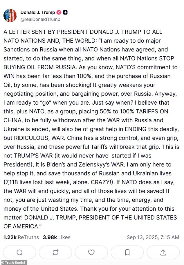 Trump Warns NATO Allies: Russian Oil Purchases Undermine Ukraine War Negotiations