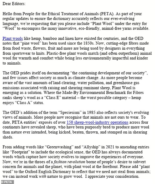 PETA Urges Oxford English Dictionary to Expand 'Wool' Definition to Include Plant-Based Alternatives