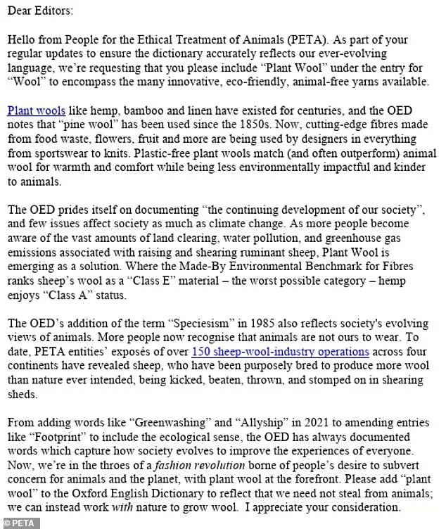 PETA Urges Oxford English Dictionary to Expand 'Wool' Definition to Include Plant-Based Alternatives