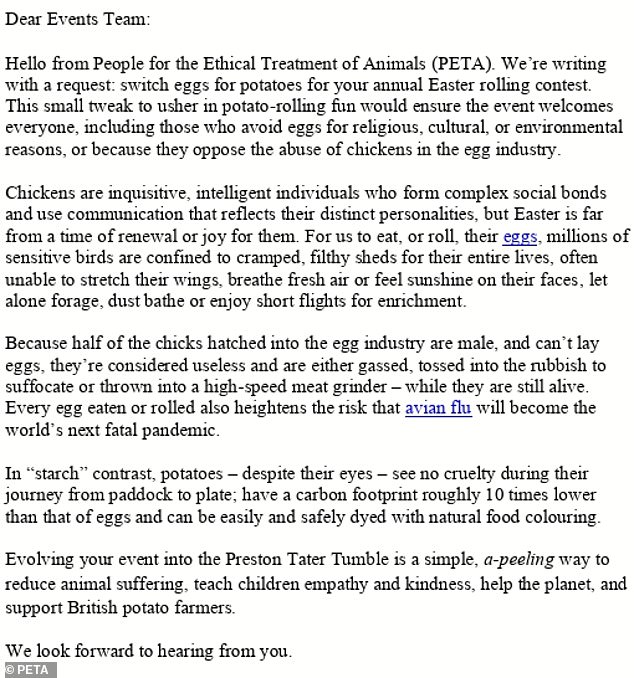 PETA Urges Preston Council to Replace Easter Egg Roll with Potato Tumble to Curb Animal Suffering