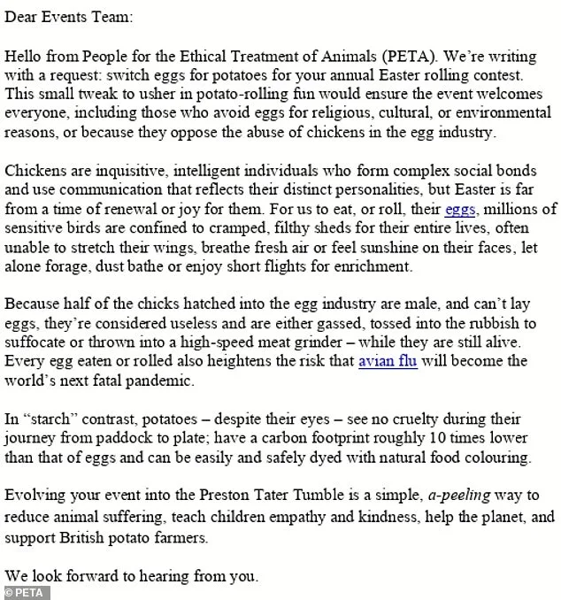 PETA Urges Preston Council to Replace Easter Egg Roll with Potato Tumble to Curb Animal Suffering