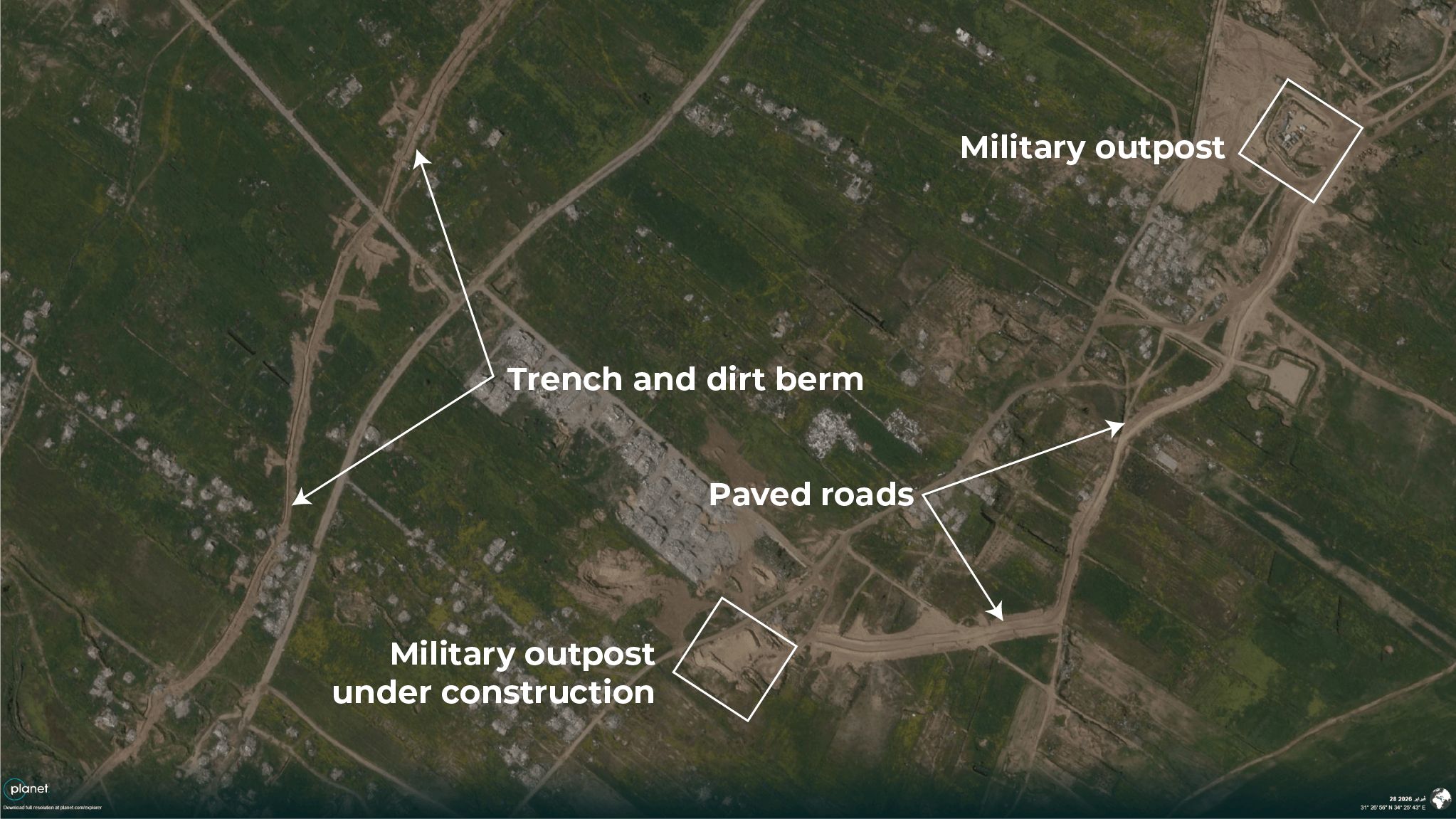 Satellite images show Israel building military forts in Gaza while reconstruction stalls.