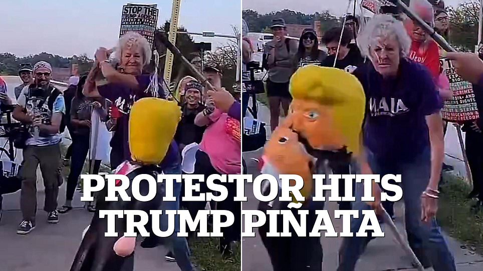 Protester wearing 'Make America Kind Again' Shirt Smashes Trump Pinata With Pipe