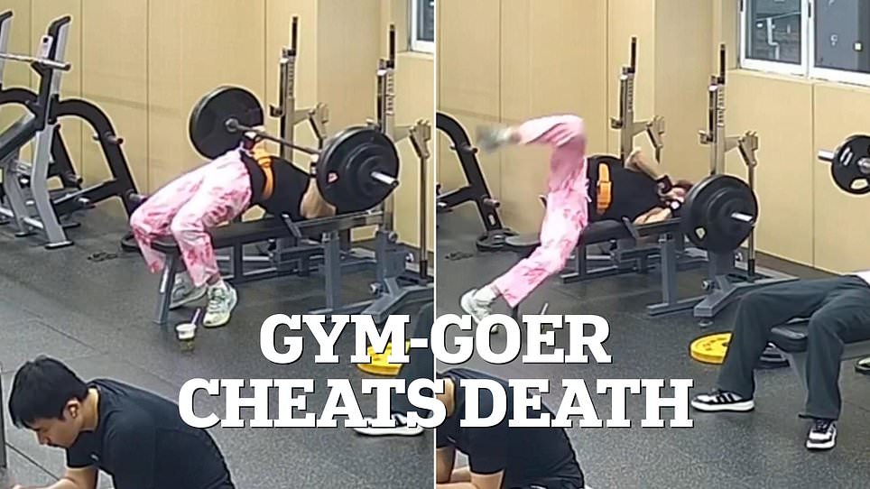 Chinese lifter survives narrow escape after gym barbell crushes him.