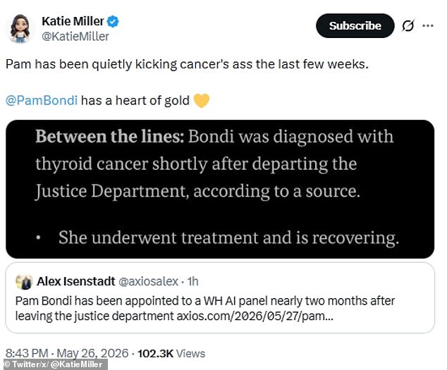 Former AG Pam Bondi quietly undergoes thyroid cancer treatment after stepping down.